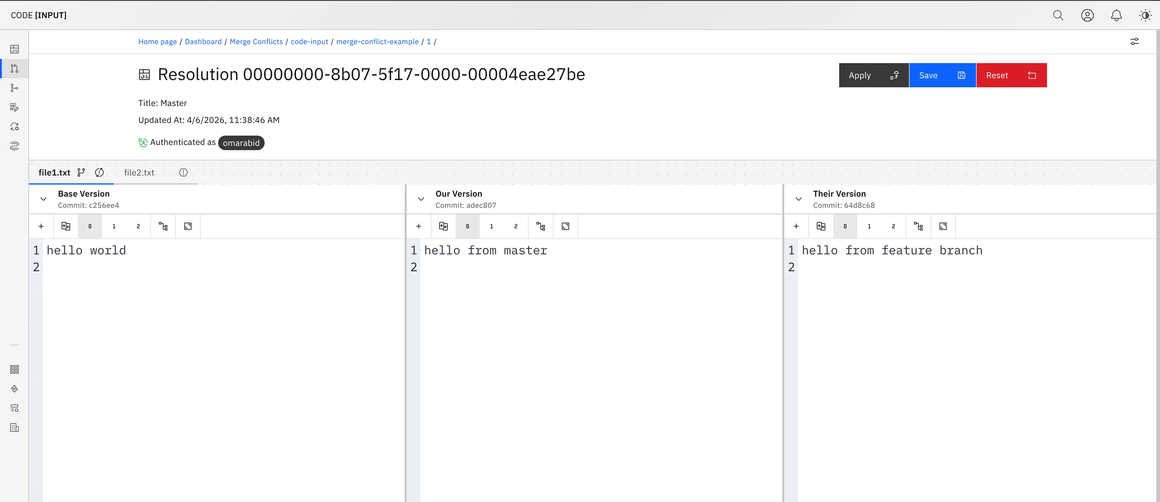Code Input 3-Way Diff Tool 3-Way Diff Merge